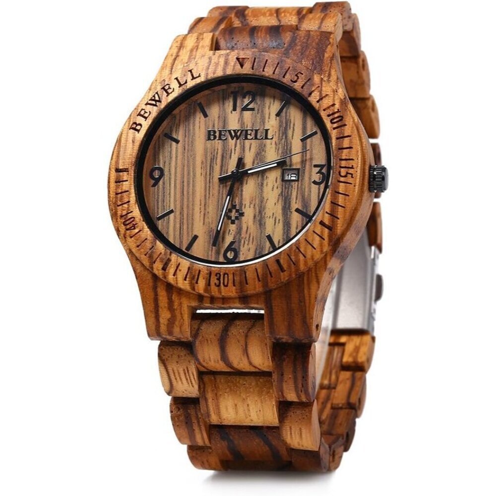 🆕Men's Zebra Wood Handmade Date Display Quartz Movement Analog Zs-w086b Watch